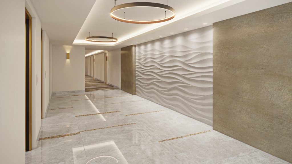 hallway design with circular pendant lights in center, wave wall in plaster, woven wallcovering, custom carpet pattern in wave design, marble tile foyer