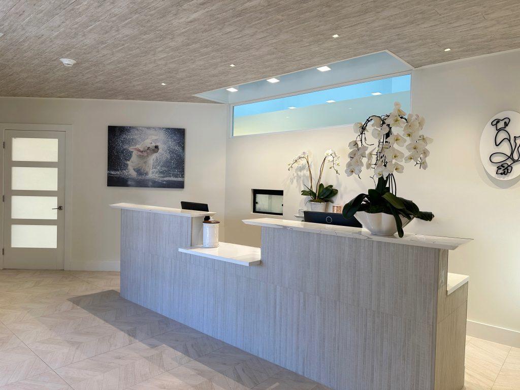 A modern hospital lobby with a sleek reception desk featuring a quartz countertop, tiled front, and herringbone tile flooring. The space is designed with a warm wood?plank ceiling, natural light from a ceiling skylight, and contemporary décor for a clean, welcoming patient experience.