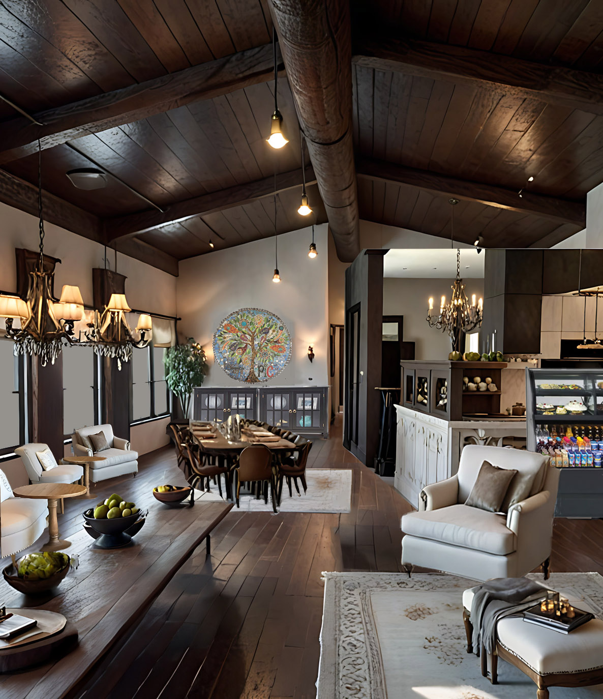 chocolate shop with restored wood ceiing pendant lights, hardwood flooring and soft seating